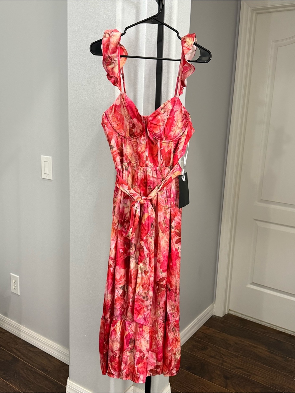 Lulus Sweet Like Sangria Pink Floral Ruffled Bustier Midi Dress - Size XL Flirty - Picture 2 of 8